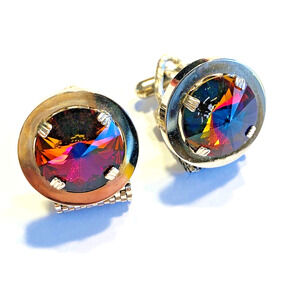 Vintage Mid Century Cufflinks Chunky Silvertone Mesh Wrap Watermelon Stones